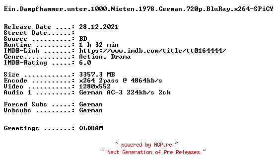 NFO for the release Ein.Dampfhammer.unter.1000.Nieten.1978.German.720p.BluRay.x264-SPiCY by SPiCY