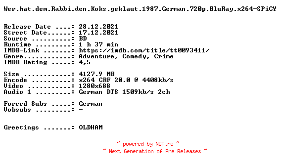NFO for the release Wer.hat.dem.Rabbi.den.Koks.geklaut.1987.German.720p.BluRay.x264-SPiCY by SPiCY