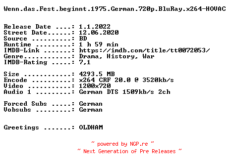 NFO for the release Wenn.das.Fest.beginnt.1975.German.720p.BluRay.x264-HOVAC by HOVAC