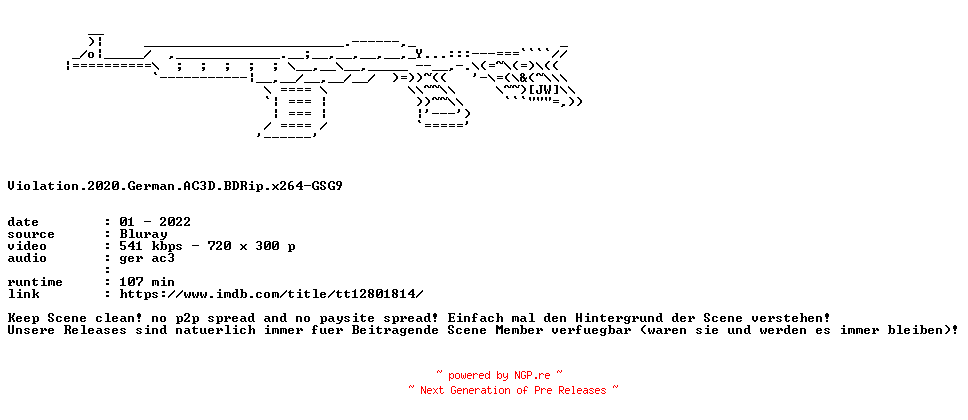 NFO for the release Violation.2020.German.AC3D.BDRip.x264-GSG9 by GSG9