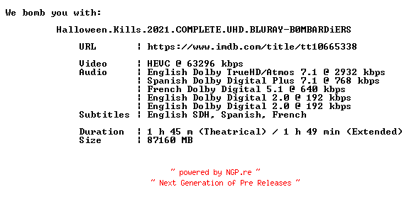 NFO for the release Halloween.Kills.2021.COMPLETE.UHD.BLURAY-B0MBARDiERS by B0MBARDiERS