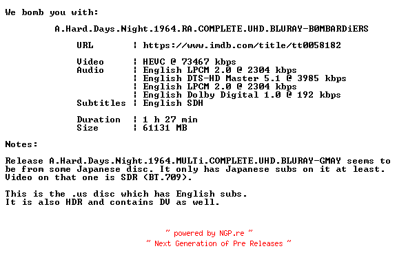 NFO for the release A.Hard.Days.Night.1964.RA.COMPLETE.UHD.BLURAY-B0MBARDiERS by B0MBARDiERS