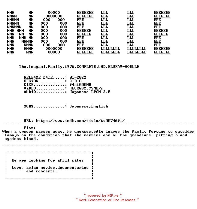 NFO for the release The.Inugami.Family.1976.COMPLETE.UHD.BLURAY-NOELLE by NOELLE