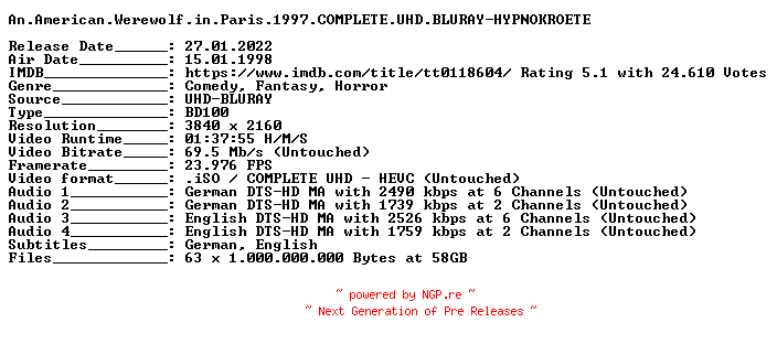 NFO for the release An.American.Werewolf.in.Paris.1997.COMPLETE.UHD.BLURAY-HYPNOKROETE by HYPNOKROETE