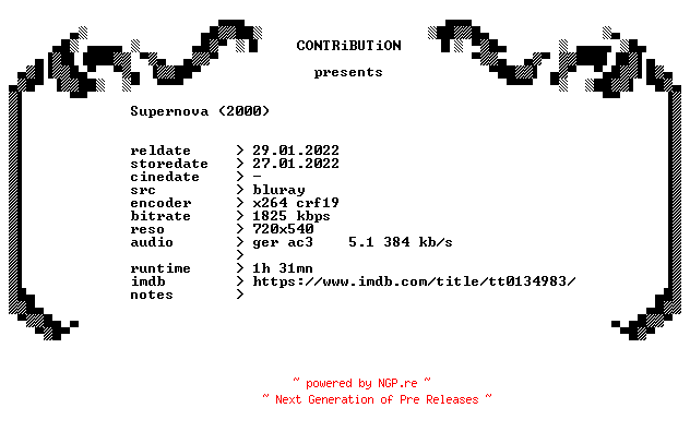 NFO for the release Supernova.2000.German.FS.BDRip.x264-CONTRiBUTiON by CONTRiBUTiON