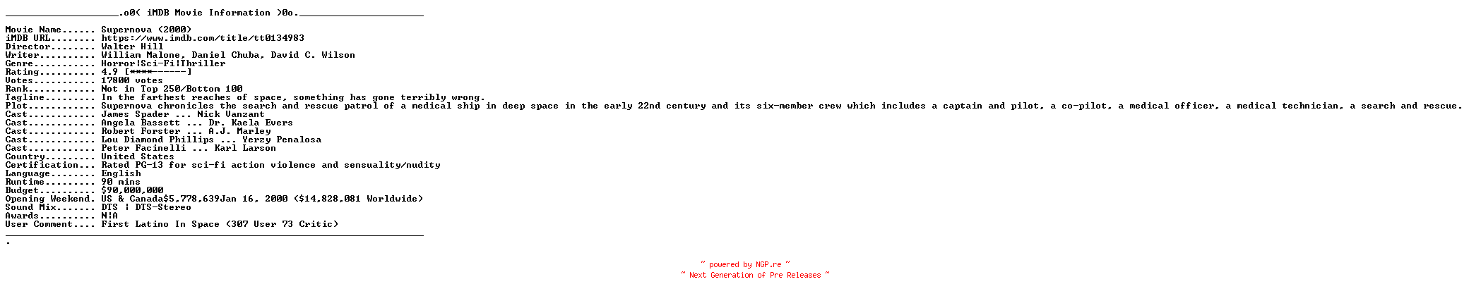 NFO for the release Supernova.2000.German.FS.720p.BluRay.x264-CONTRiBUTiON by CONTRiBUTiON