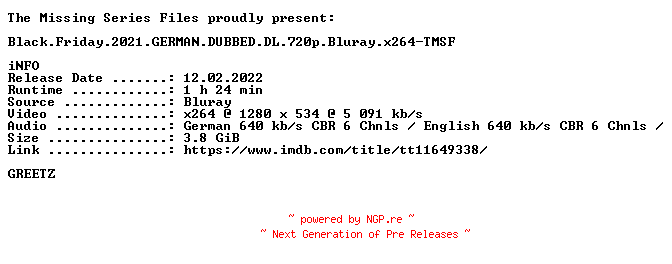 NFO for the release Black.Friday.2021.GERMAN.DUBBED.DL.720p.Bluray.x264-TMSF by TMSF