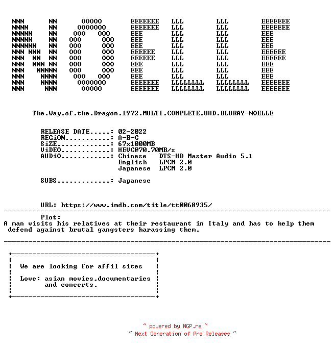 NFO for the release The.Way.of.the.Dragon.1972.MULTI.COMPLETE.UHD.BLURAY.iNTERNAL-NOELLE by NOELLE