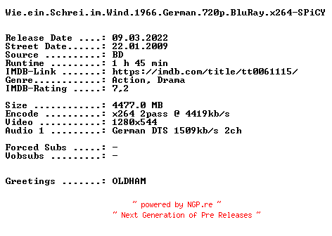 NFO for the release Wie.ein.Schrei.im.Wind.1966.German.720p.BluRay.x264-SPiCY by SPiCY