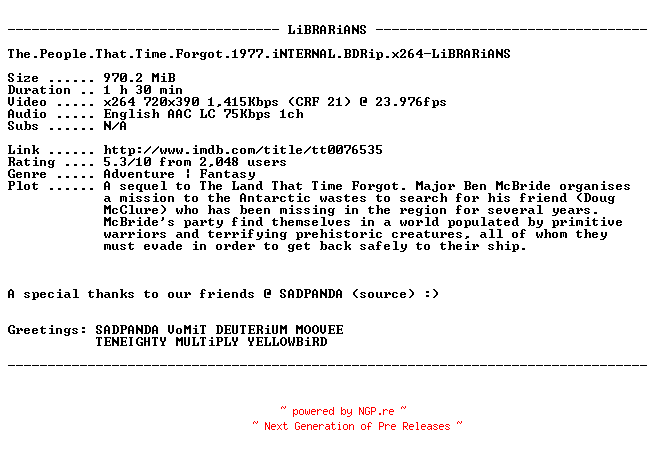 NFO for the release The.People.That.Time.Forgot.1977.iNTERNAL.BDRip.x264-LiBRARiANS by LiBRARiANS