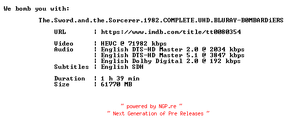 NFO for the release The.Sword.and.the.Sorcerer.1982.COMPLETE.UHD.BLURAY-B0MBARDiERS by B0MBARDiERS
