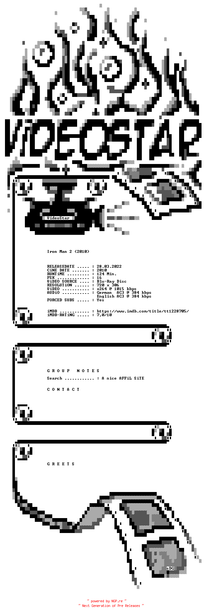 NFO for the release Iron.Man.2.German.DL.2010.AC3.BDRip.x264.iNTERNAL-VideoStar by VideoStar