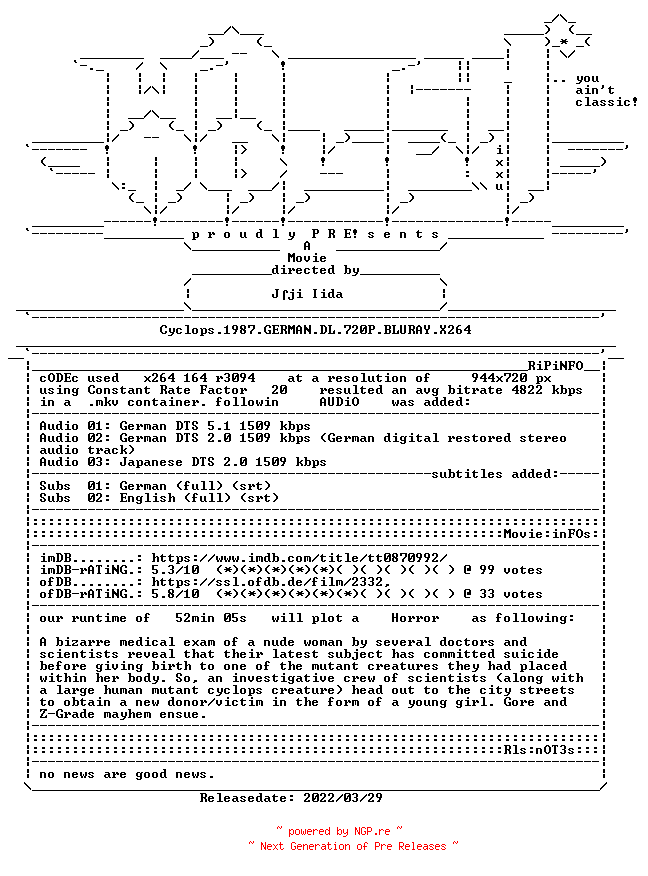 NFO for the release Cyclops.1987.GERMAN.DL.720P.BLURAY.X264-WATCHABLE by WATCHABLE