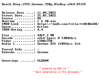NFO for the release Death.Ring.1992.German.720p.BluRay.x264-SPiCY by SPiCY