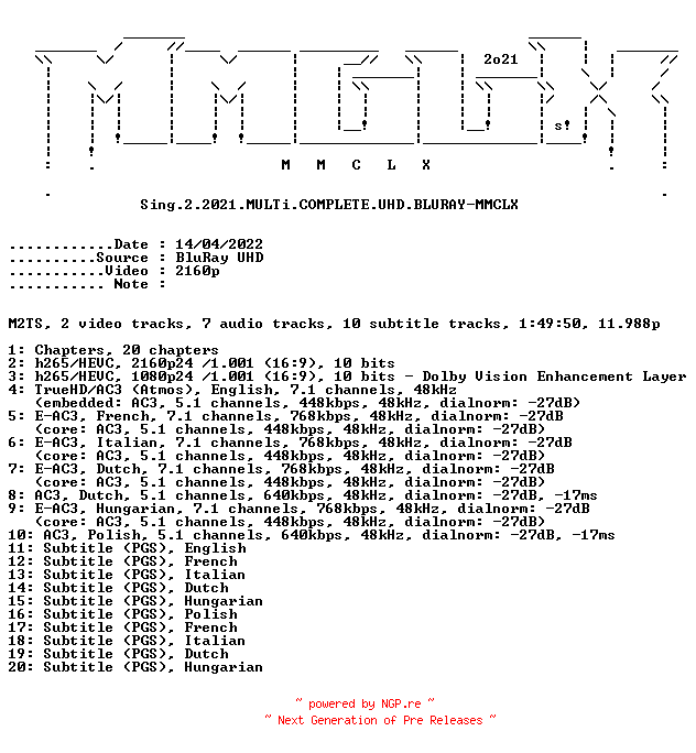 NFO for the release Sing.2.2021.MULTi.COMPLETE.UHD.BLURAY-MMCLX by MMCLX