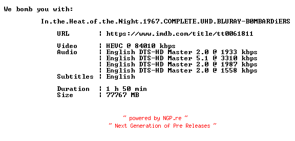 NFO for the release In.the.Heat.of.the.Night.1967.COMPLETE.UHD.BLURAY-B0MBARDiERS by B0MBARDiERS