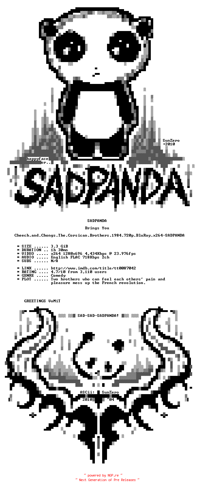 NFO for the release Cheech.and.Chongs.The.Corsican.Brothers.1984.720p.BluRay.x264-SADPANDA by SADPANDA