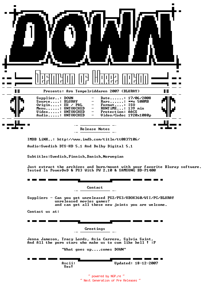 NFO for the release Arn.Tempelriddaren.2007.SWEDISH.BLURAY-DOWN by DOWN