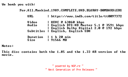 NFO for the release For.All.Mankind.1989.COMPLETE.UHD.BLURAY-B0MBARDiERS by B0MBARDiERS