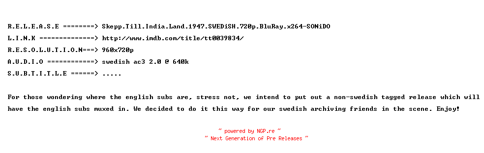 NFO for the release Skepp.Till.India.Land.1947.SWEDiSH.720p.BluRay.x264-SONiDO by SONiDO