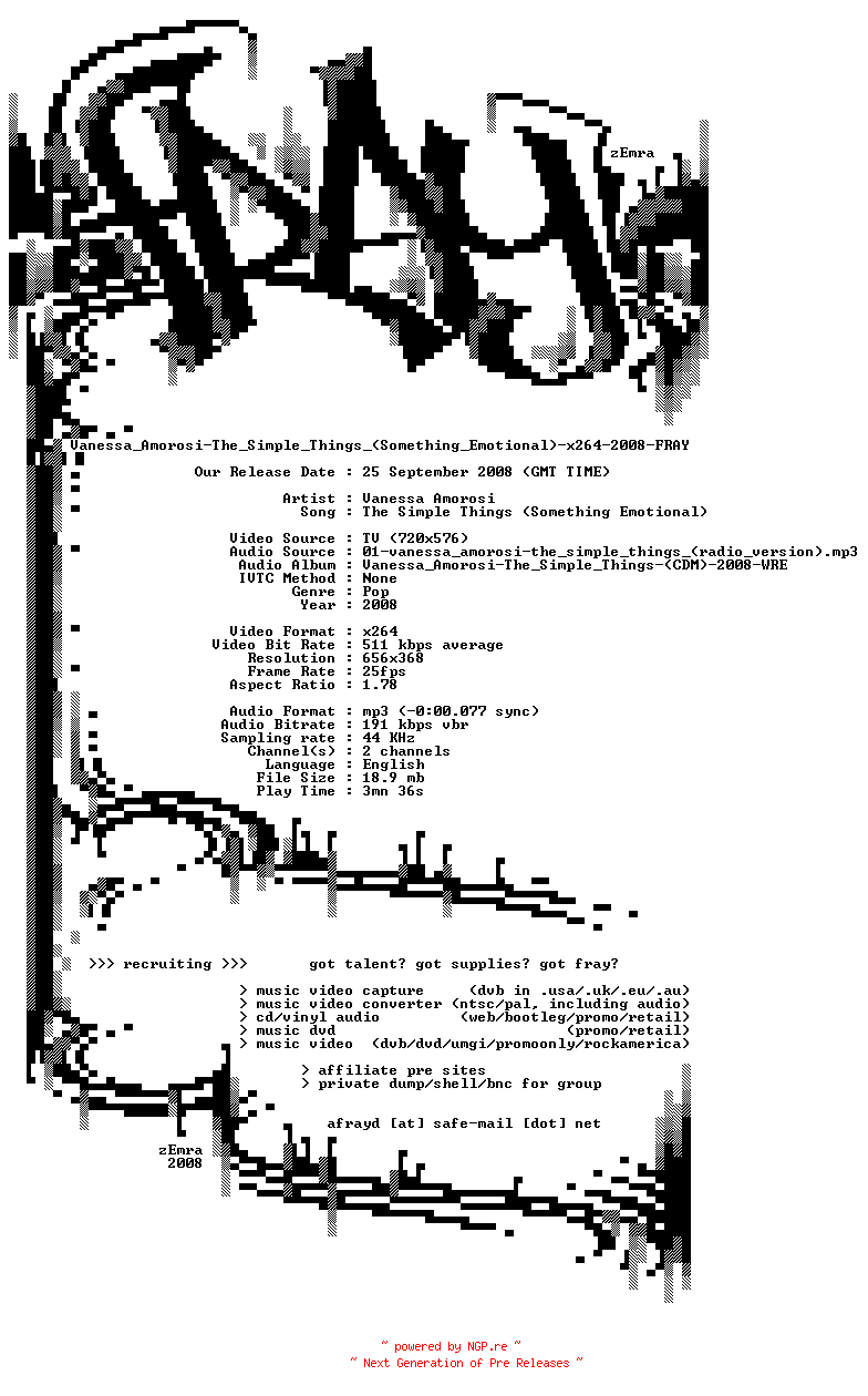 NFO for the release Vanessa_Amorosi-The_Simple_Things_(Something_Emotional)-x264-2008-FRAY by FRAY