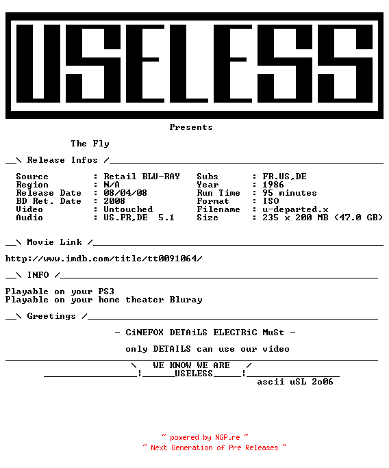 NFO for the release The.Fly.1986.MULTi.BLURAY-USELESS by USELESS