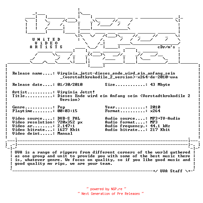 NFO for the release Virginia_jetzt-dieses_ende_wird_ein_anfang_sein_(vorstadtkrokodile_2_version)-x264-de-2010-uva by uva