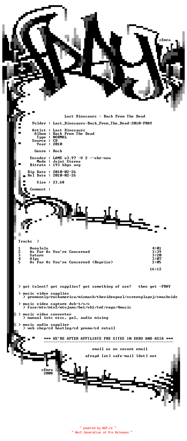 NFO for the release Last_Dinosaurs-Back_From_The_Dead-2010-FRAY by FRAY