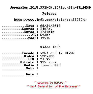 NFO for the release Jeruzalem.2015.FRENCH.BDRip.x264-PRiDEHD by PRiDEHD