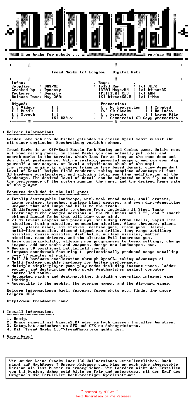 NFO for the release Tread.Marks.GERMAN-DYNASTY by DYNASTY