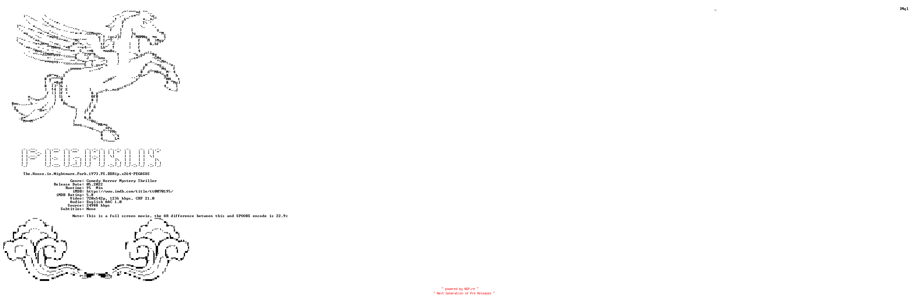 NFO for the release The.House.in.Nightmare.Park.1973.FS.BDRip.x264-PEGASUS by PEGASUS