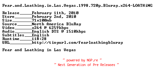 NFO for the release Fear.and.Loathing.in.Las.Vegas.1998.720p.Bluray.x264-LOATHiNG by LOATHiNG