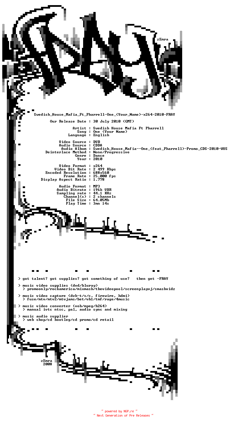 NFO for the release Swedish_House_Mafia_Ft_Pharrell-One_(Your_Name)-x264-2010-FRAY by FRAY