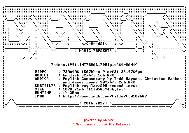 NFO for the release Poison.1991.iNTERNAL.BDRip.x264-MANiC by MANiC