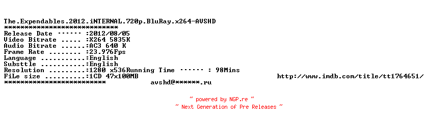 NFO for the release The.Expendables.2.2012.iNTERNAL.720p.BluRay.x264-AVSHD by AVSHD