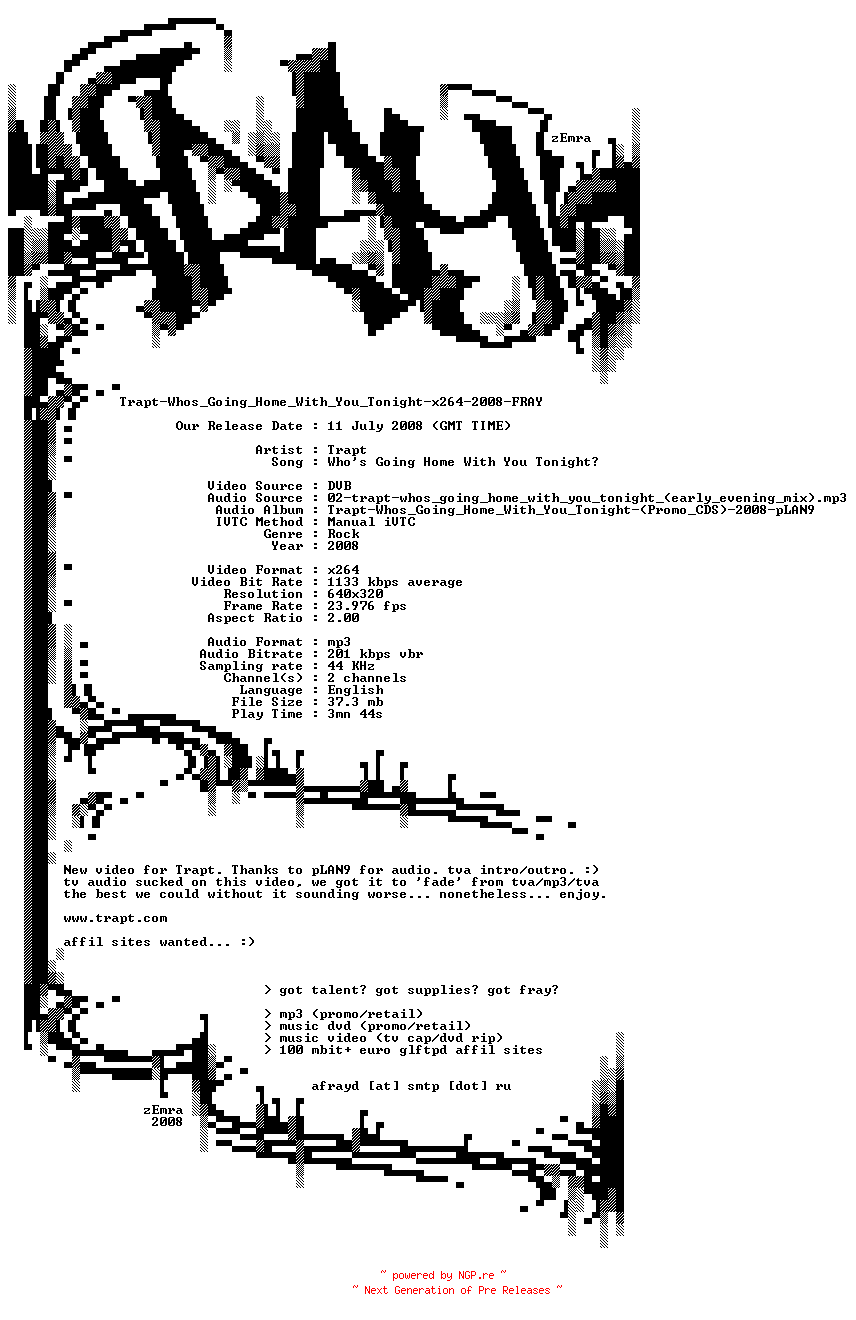 NFO for the release Trapt-Whos_Going_Home_With_You_Tonight-x264-2008-FRAY by FRAY