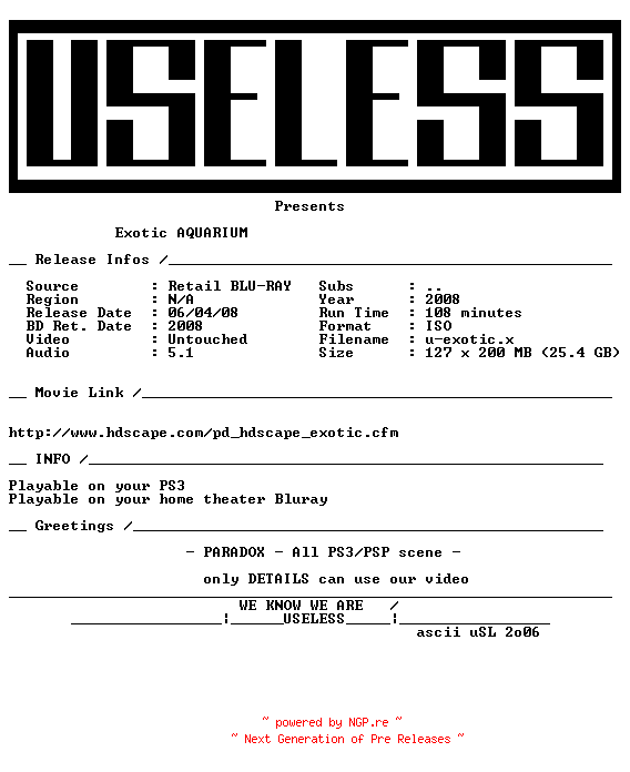 NFO for the release Exotic.Salwater.Aquarium.MULTi.BLURAY-USELESS by USELESS