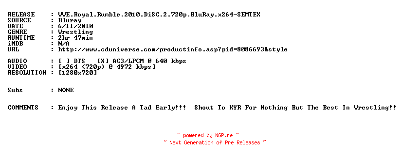 NFO for the release WWE.Royal.Rumble.2010.DiSC.2.720p.BluRay.x264-SEMTEX by SEMTEX