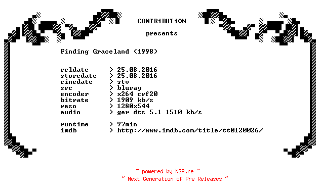 NFO for the release Finding.Graceland.1998.German.720p.BluRay.x264-CONTRiBUTiON by CONTRiBUTiON