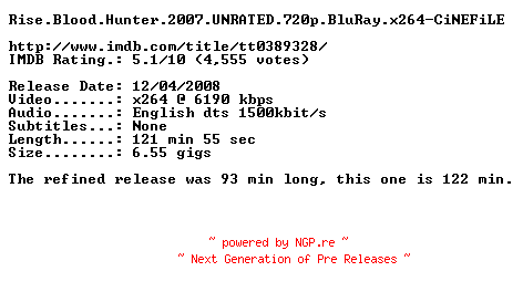 NFO for the release Rise.Blood.Hunter.2007.UNRATED.720p.BluRay.x264-CiNEFiLE by CiNEFiLE
