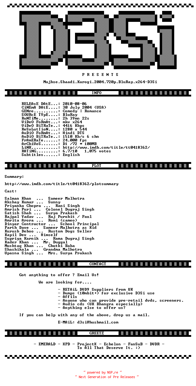 NFO for the release Mujhse.Shaadi.Karogi.2004.720p.BluRay.x264-D3Si by D3Si