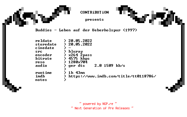 NFO for the release Buddies.Leben.auf.der.Ueberholspur.1997.German.720p.BluRay.x264-CONTRiBUTiON by CONTRiBUTiON