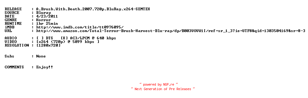 NFO for the release A.Brush.With.Death.2007.720p.BluRay.x264-SEMTEX by SEMTEX