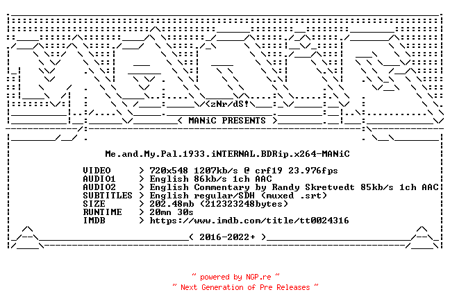 NFO for the release Me.and.My.Pal.1933.iNTERNAL.BDRip.x264-MANiC by MANiC