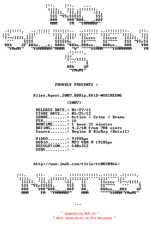 NFO for the release Alien.Agent.2007.BDRip.XViD-NOSCREENS by NOSCREENS
