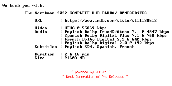 NFO for the release The.Northman.2022.COMPLETE.UHD.BLURAY-B0MBARDiERS by B0MBARDiERS