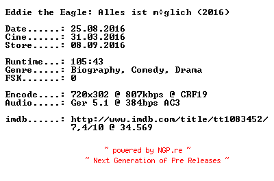 NFO for the release Eddie.the.Eagle.Alles.ist.moeglich.German.2016.AC3.BDRiP.x264-CiNEViSiON by CiNEViSiON
