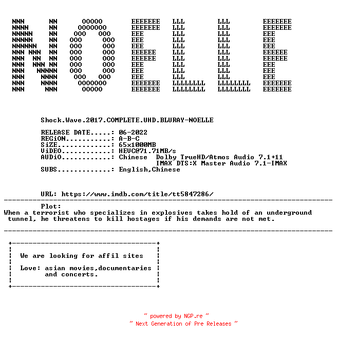 NFO for the release Shock.Wave.2017.COMPLETE.UHD.BLURAY-NOELLE by NOELLE