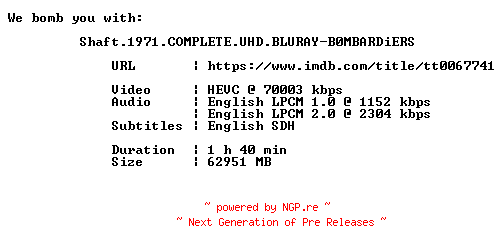 NFO for the release Shaft.1971.COMPLETE.UHD.BLURAY-B0MBARDiERS by B0MBARDiERS
