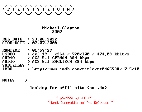 NFO for the release Michael.Clayton.German.2007.DL.BDRiP.x264.iNTERNAL-FiSSiON by FiSSiON